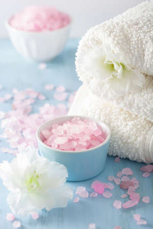 spa aromatherapy set with azalea flowers and herbal saltの写真素材