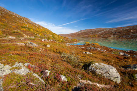 sunny autumn landscape Norway Gamle Strynefjellsvegenの写真素材