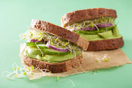 healthy rye sandwich with avocado, cucumber, alfalfa sprouts