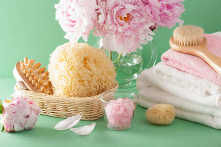 bath and spa with peony flowers brush sponge towelsの写真素材