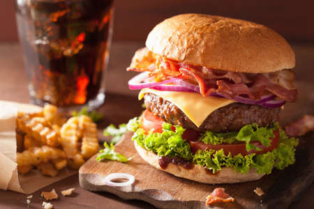 bacon cheese burger with beef patty tomato onion cola bacon cheese burger with beef patty tomato onion cola