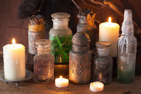 witch apothecary jars magic potions halloween decorationの写真素材