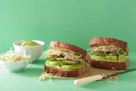 healthy avocado sandwich with cucumber alfalfa sprouts onion
