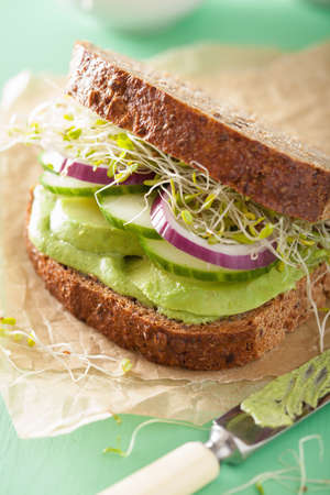 healthy avocado sandwich with cucumber alfalfa sprouts onionの写真素材