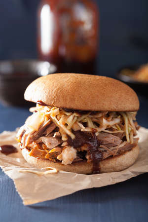 homemade pulled pork burger with coleslaw and bbq sauceの写真素材