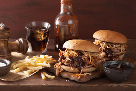 homemade pulled pork burger with coleslaw and bbq sauceの写真素材