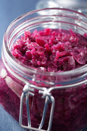 pickled red cabbage in glass jarの写真素材