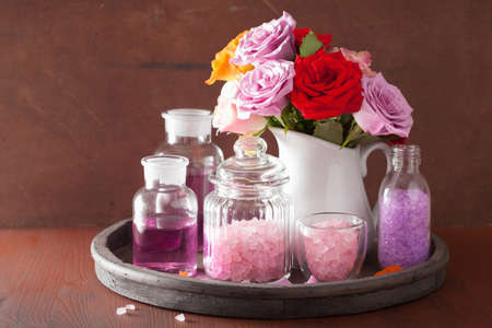spa aromatherapy with rose flowers essential oil salt