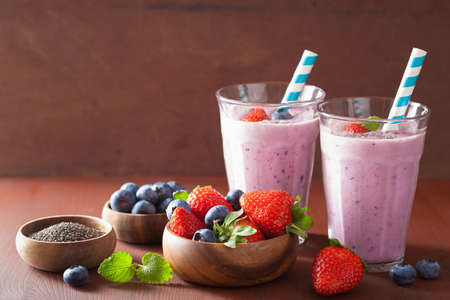 healthy strawberry blueberry smoothie with chia seedの写真素材