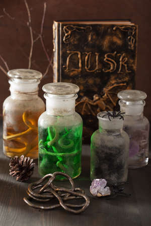 witch apothecary jars magic potions halloween decorationの写真素材
