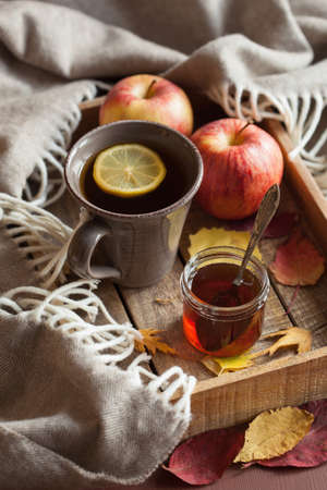 hot lemon honey tea warming drink scarf cozy autumn leavesの写真素材