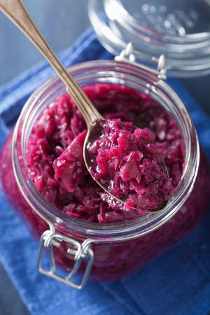 pickled red cabbage in glass jarの写真素材