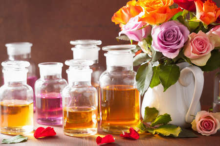 Essential oil and rose flowers aromatherapy spa perfumeryの写真素材