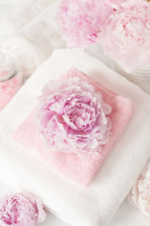 bath and spa with peony flowers towelsの写真素材
