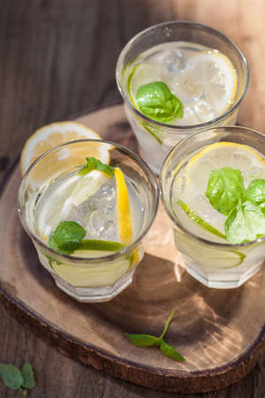 refreshing lemonade drink with mint lime lemon in gardenの写真素材