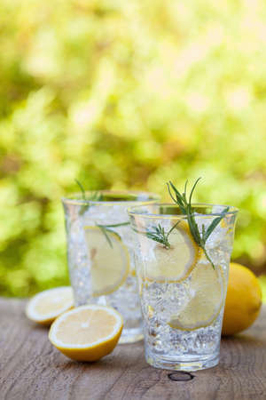 refreshing lemonade drink with rosemary in glassesの写真素材