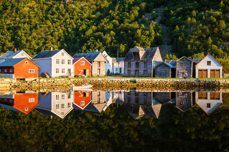 old wooden houses in Laerdalsoyri, Norwayの写真素材