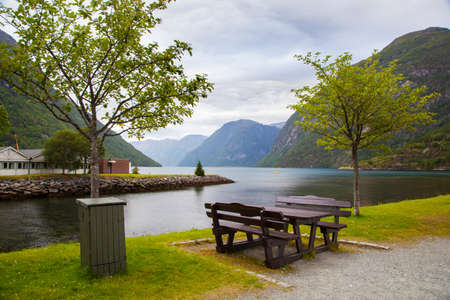 Hellesylt village near Geiranger fjord, Norwayの写真素材