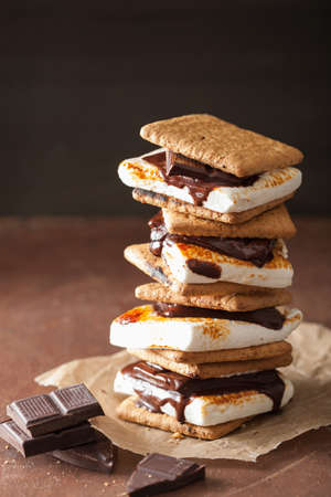 homemade marshmallow s'mores with chocolate on crackersの写真素材