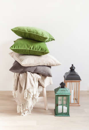 gray and green cushions cozy homeの写真素材