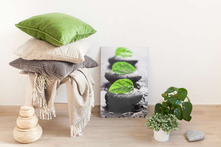 gray and green cushions cozy home interiorの写真素材