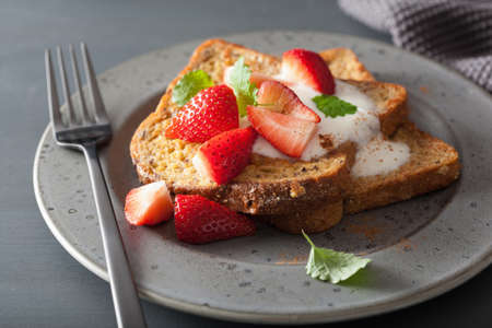 french toasts with yogurt and strawberries for breakfast