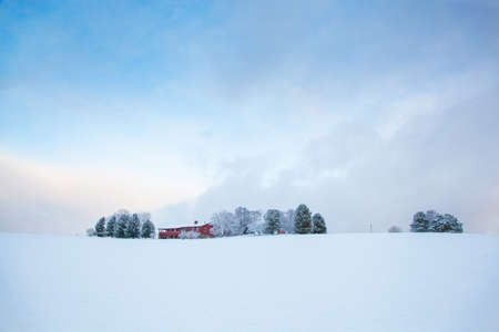 beautiful winter landscape snow farm houseの写真素材
