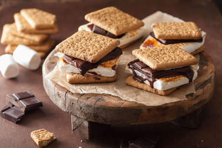 homemade marshmallow s'mores with chocolate on crackersの写真素材