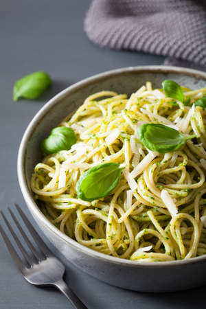 spaghetti pasta with avocado basil pesto sauceの写真素材