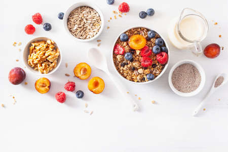 healthy granola for breakfast with berry fruit nut, vegan milkの写真素材