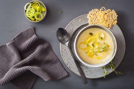 creamy potato and leek soup in bowlの写真素材