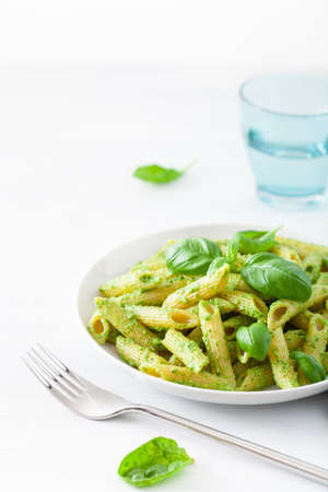 Penne pasta with spinach basil pesto sauceの写真素材