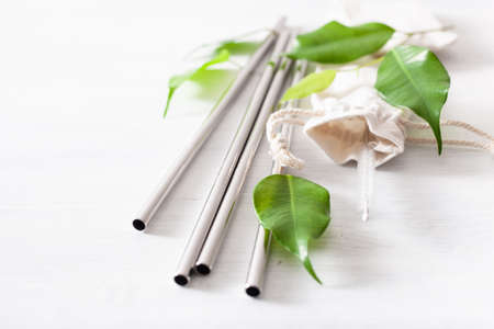 eco-friendly reusable metal drinking straw. zero waste conceptの写真素材