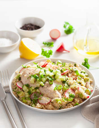 chicken breast with couscous, cucumber, avocado, spring onion, radish. healthy lunchの写真素材
