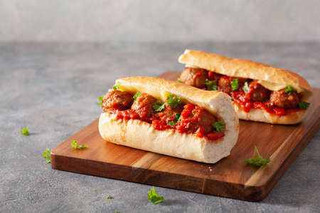 meatball sub sandwich with cheese and marinara tomato sauce. american italian fast foodの写真素材