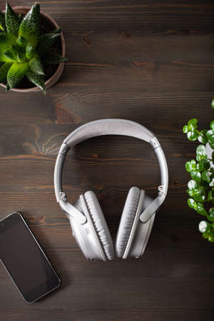 audiobook concept modern wireless headphones smartphoneの写真素材