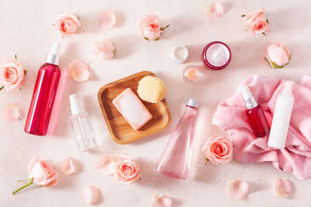 skincare products and rose flowers. natural cosmetics for home spa treatmentの写真素材