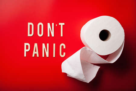 don't panic word toilet paper text wooden letter on red background coronavirus covid-19の写真素材