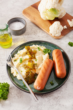 mashed cauliflower and grilled sausages. ketogenic paleo diet lunchの写真素材