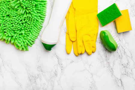 cleaning products household chemicals spray brush sponge glove