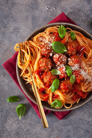 spaghetti with meatballs and tomato sauce, italian pastaの写真素材