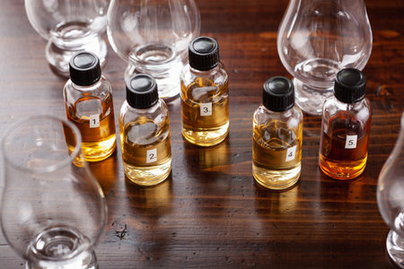 tasting bottles and glasses of whisky spirit brandy cognac. tasting at homeの写真素材