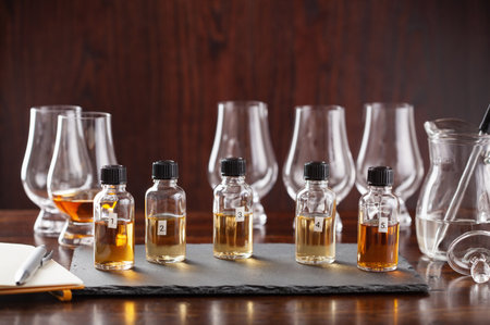 tasting bottles and glasses of whisky spirit brandy cognac. tasting at homeの写真素材