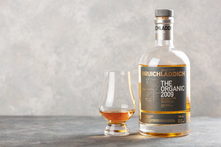 Trondheim, Norway - May 20 2020: Bruichladdich single malt scotch whisky bottle and glassのeditorial素材