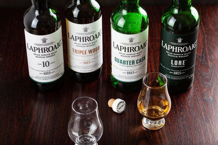 Trondheim, Norway - Mai 18 2020: Laphroaig single malt scotch whisky 10 years, quarter cask, lore, triple wood bottleのeditorial素材