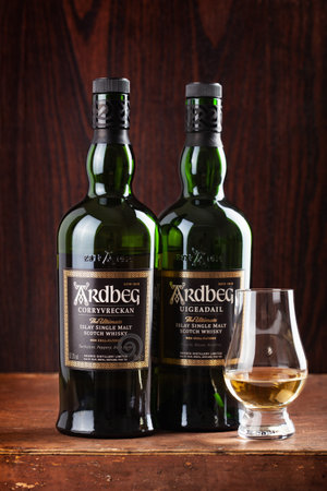 Trondheim, Norway - May 20 2020: Ardbeg Corryvreckan and Uigeadail single malt scotch whisky bottle and glassのeditorial素材