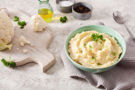 mashed cauliflower with butter. ketogenic paleo diet side dishの写真素材
