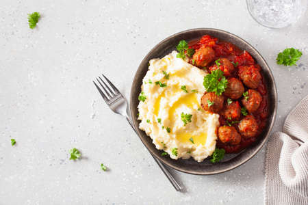 keto paleo diet lunch mashed cauliflower with meatballsの写真素材