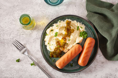mashed cauliflower and grilled sausages. ketogenic paleo diet lunchの写真素材