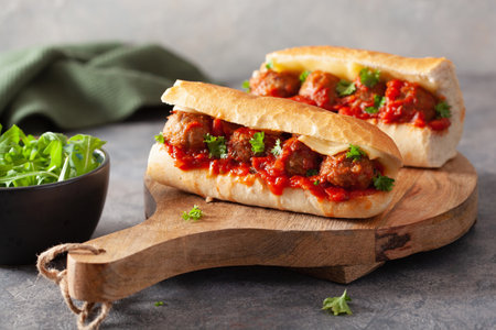 meatball sub sandwich with cheese and marinara tomato sauce. american italian fast foodの写真素材
